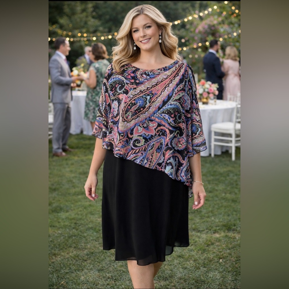 Connected Dress 18W Paisley Layer Cape Party Office Cruise Wedding New